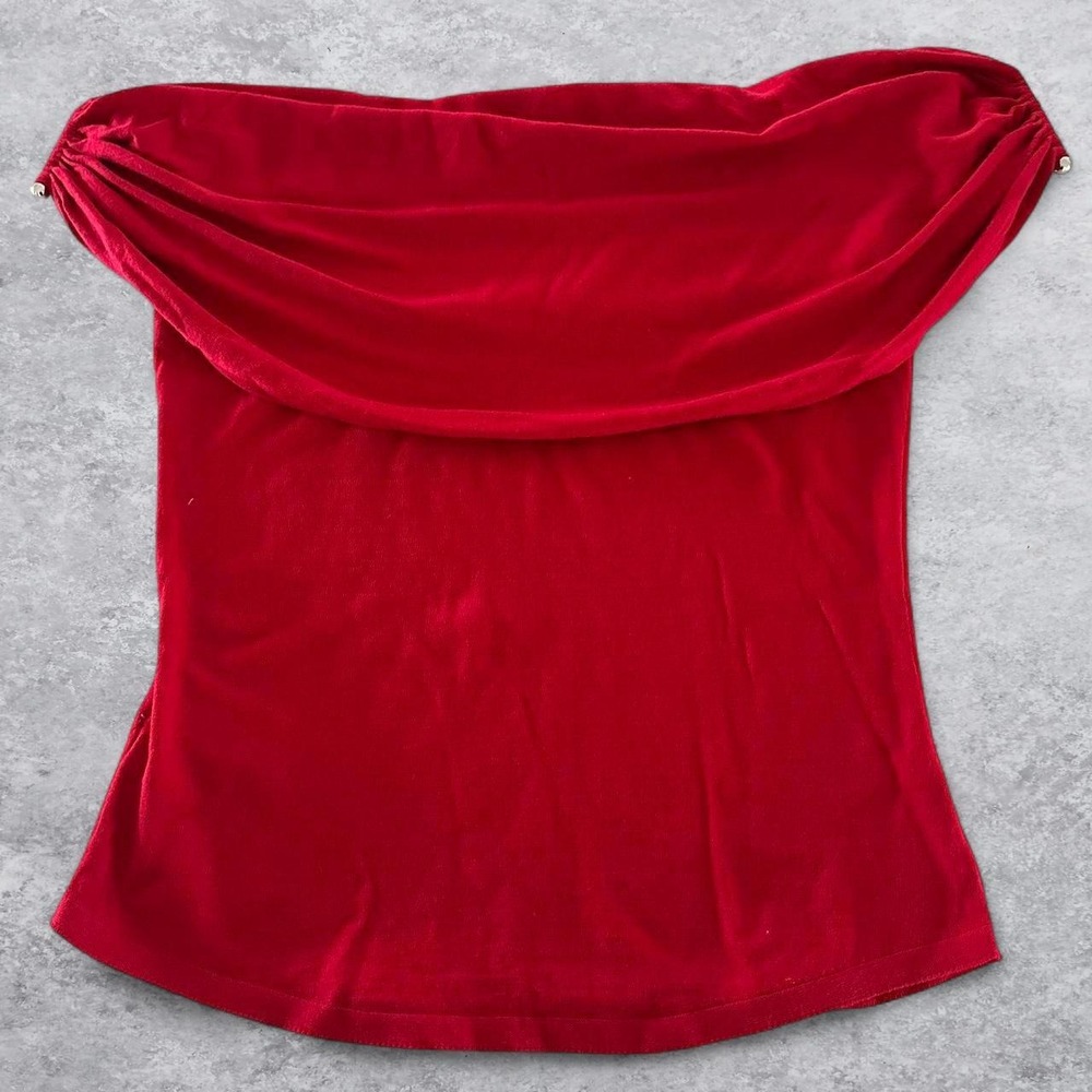 Zara Red Off The Shoulder Draped Bardot Top Metallic Detail Short Sleeve - Picture 4 of 8